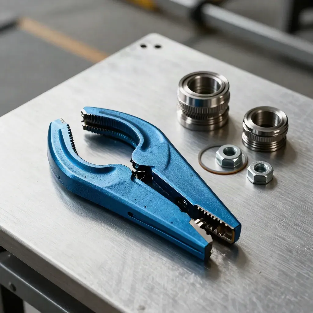 Kit de reparación de oleoducto sobre chapa de aluminio, con abrazadera, racor y tapón ciego.
