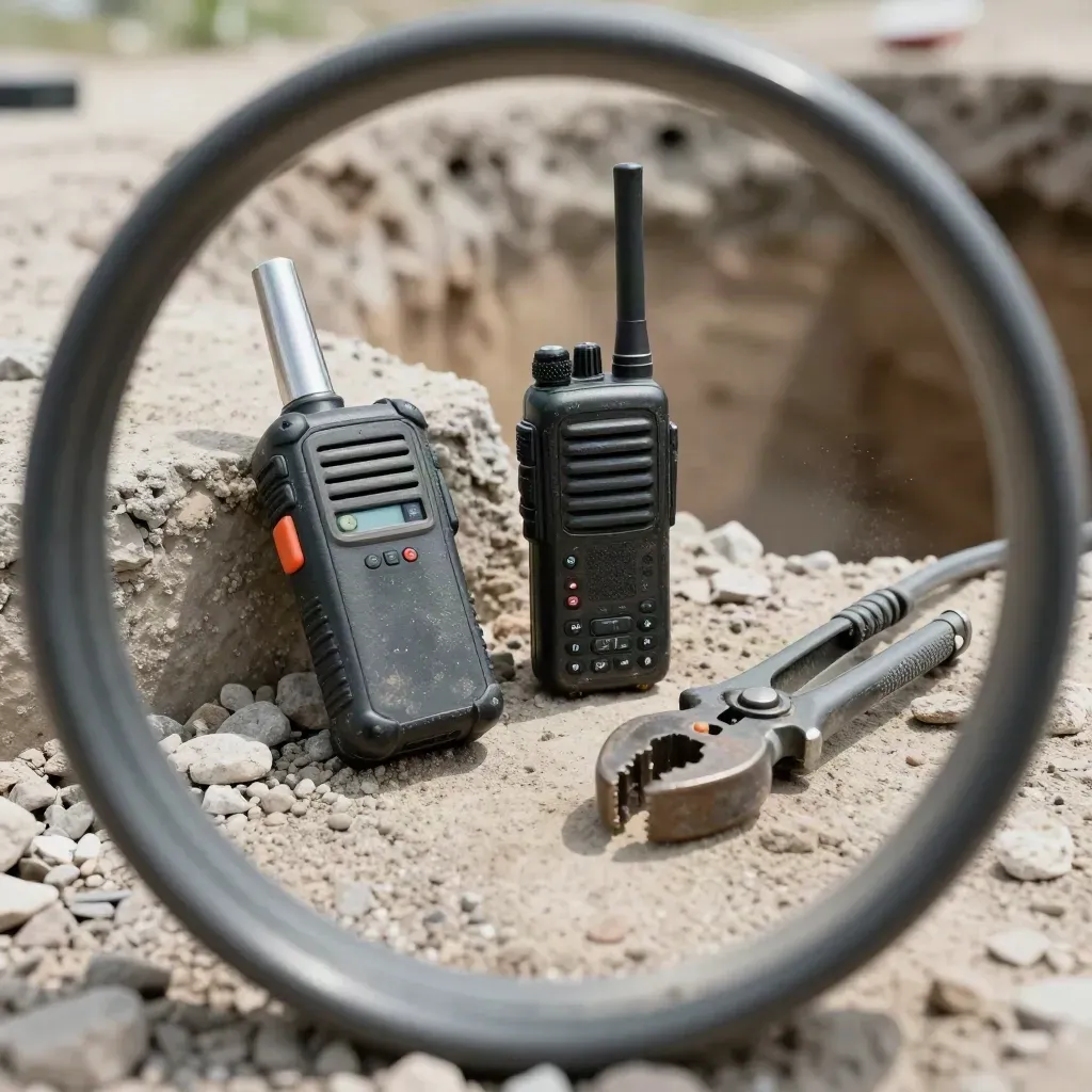 Localizador de línea, radio de campo y pinza de puesta a tierra junto a una zanja y grava.