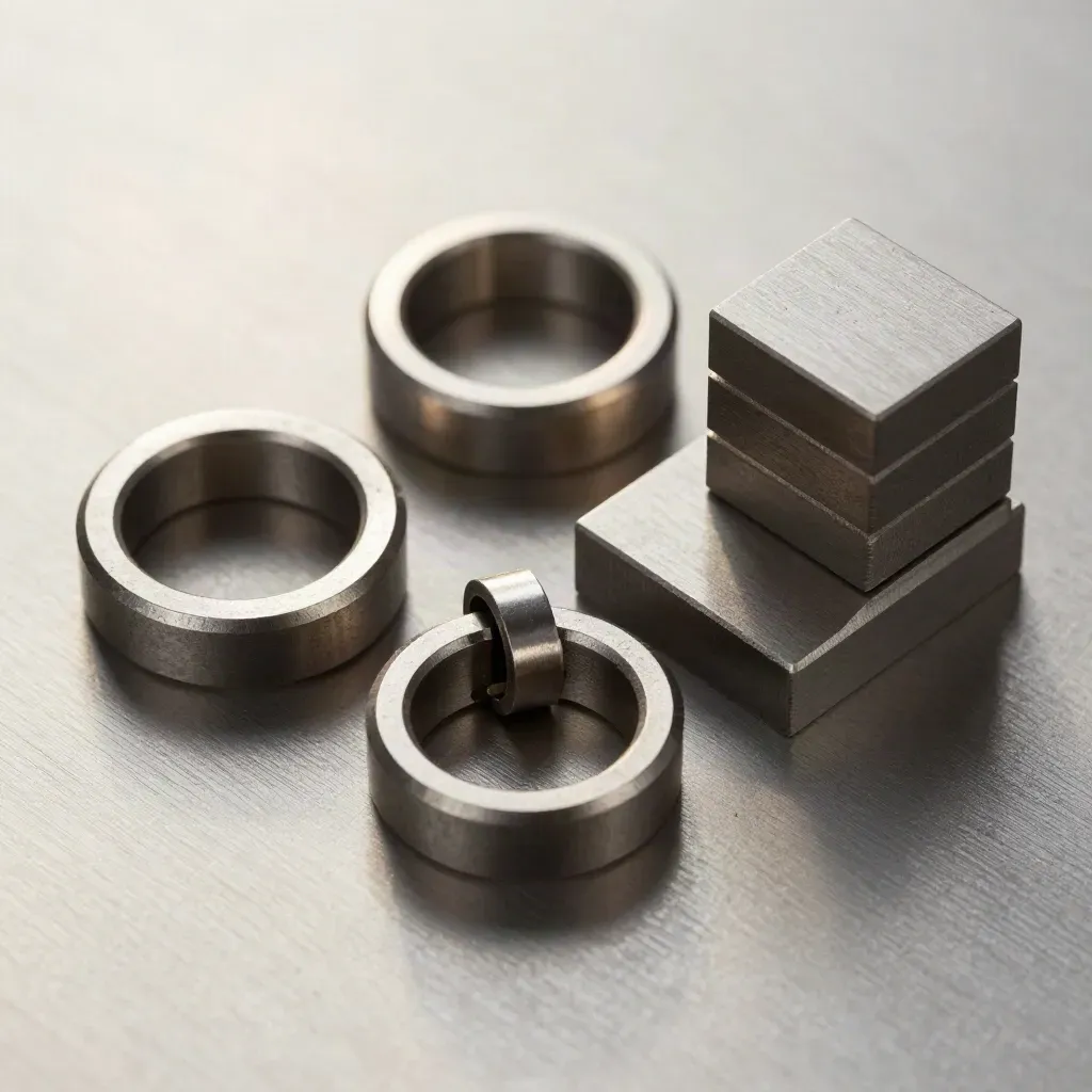 Vista cenital de anillos de acero, conector rápido y bloques modulares sobre metal cepillado.
