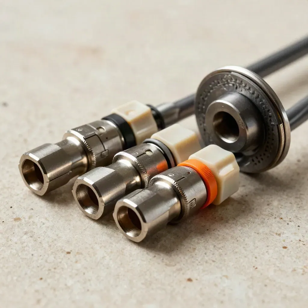 Conectores metálicos y cable trenzado sobre piedra clara, estilo editorial cenital.
