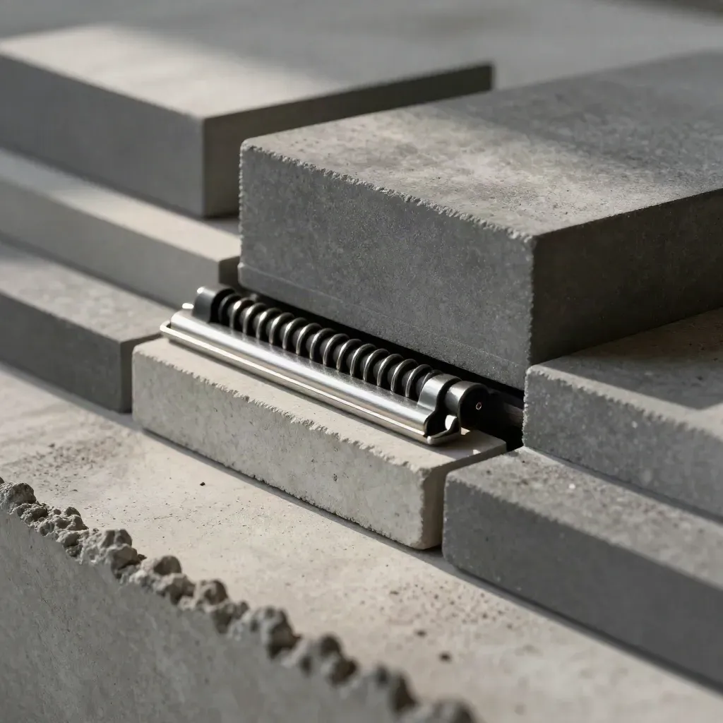 Bloques modulares, separadores de goma y clip de acero sobre hormigón, luz rasante y textura industrial.